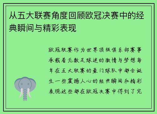 从五大联赛角度回顾欧冠决赛中的经典瞬间与精彩表现